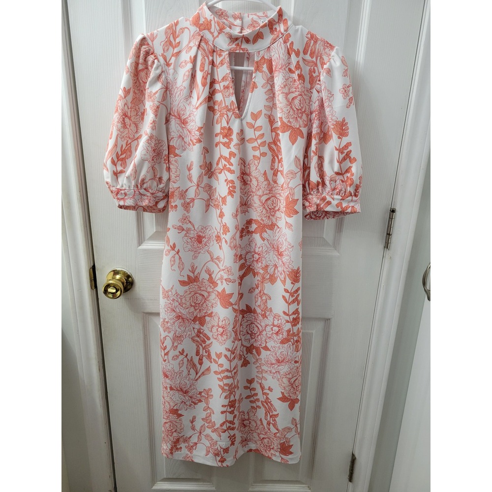 New York & Company Floral Mock Neck Keyhole Midi Dress Coral White Puff Sleeve L